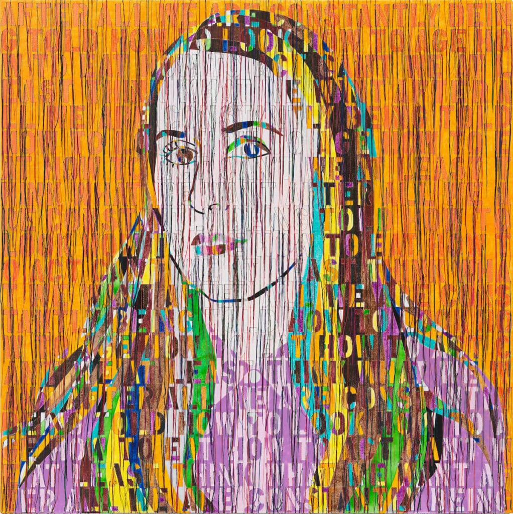 Portrait of Ellen 2020, Acrylic embroidery and gel medium on canvas 114.3X114.3 cm - 45X 45 cm