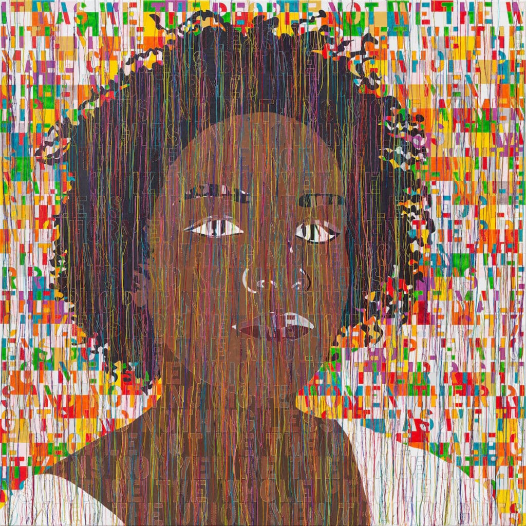 Portrait of Kamilah 2020, Acrylic embroidery and gel medium on canvas 122X122 cm - 48X48 in